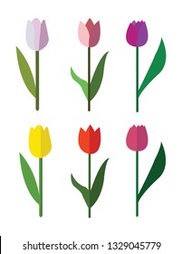 Vector cute colorful six tulips isolated on white background.