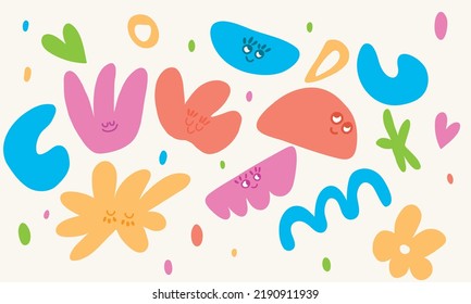 Vector cute and colorful trendy illustrated faces and shapes with cute eye and mouths