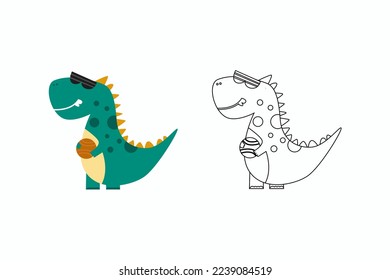 Vector cute coloring dino playing basketball concept design illustration