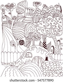 Vector linda ilustración para colorear con un paisaje rústico milagroso. Colorear la Imagen del libro, terapia del arte, elemento del diseño, mercancías de los niños.