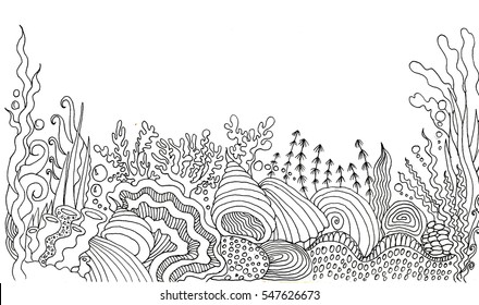 Vector cute coloring page stylized as a sea bottom. Art therapy and relaxation, page for coloring book for adults and kids, design element.