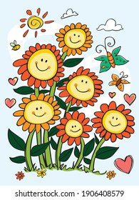 Vector cute colourful happy sun flowers portrait with hearts and butterflies illustration. Perfect for greeting cards and get well soon cards.