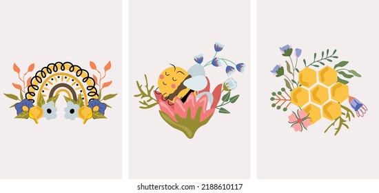 Composición vectorial linda con lirio florido y abeja miel, arcos y flores silvestres, peine de miel. Composición para sus tarjetas de felicitación, etiqueta, postal. Ilustración vectorial