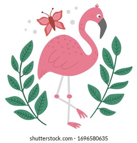 Vector cute composition with pink flamingo, tropical leaves and butterfly. Funny exotic bird illustration. Bright flat picture for children. Jungle summer clip art
