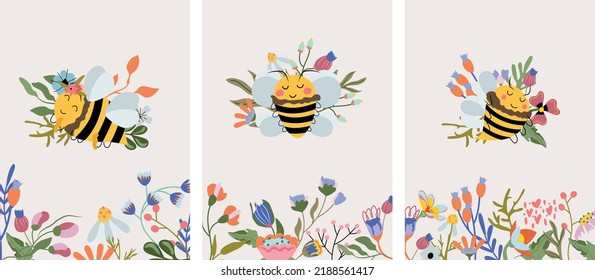 Vektor-süße Komposition mit Blumen und Honigbienen auf pastellfarbenem Hintergrund. Komposition für Ihre Grußkarten, Label, Postkarte. Vektorgrafik.