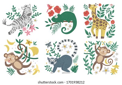 Vector cute compositions with exotic animals, leaves, flowers, fruits. Funny tropical monkey, zebra, lemur and plants illustration for cards, prints or poster design. Bright summer picture for kids