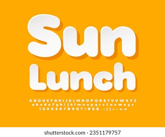 Vector cute concept Sun Lunch. White paper Font. Sticker style Alphabet, Letters and Numbers set