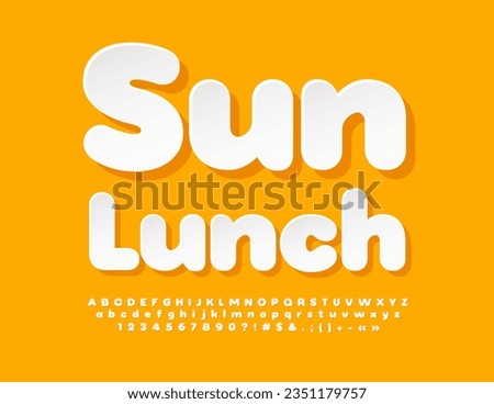 Vector cute concept Sun Lunch. White paper Font. Sticker style Alphabet, Letters and Numbers set