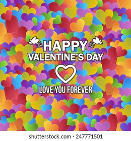 Vector Cute Confectionery Style Multicolored Hearts Background, Happy Valentine's Day Card