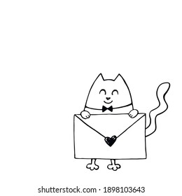 Vector cute contour cat with love letter. Hand drawn doodle. Simple design element for greeting card, Valentine's day, birthday, coloring book