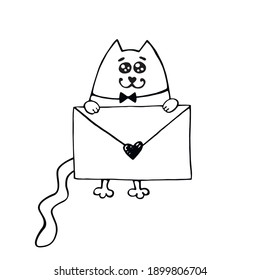 Vector cute contour cat with love letter. Hand drawn doodle. Simple design element for greeting card, Valentine's day, birthday, coloring book