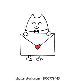 Vector cute contour cat with love letter. Hand drawn doodle. Simple design element for greeting card, Valentine's day, birthday, coloring book