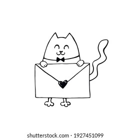 Vector cute contour cat with love letter. Hand drawn doodle. Simple design element for greeting card, Valentine's day, birthday, coloring book