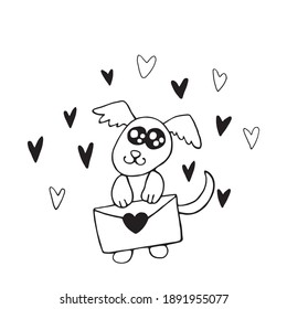 Vector cute contour little dog with love letter. Hand drawn doodle. Simple design element for greeting card, Valentine's day, birthday, coloring book