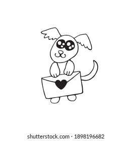 Vector cute contour little dog with love letter. Hand drawn doodle. Simple design element for greeting card, Valentine's day, birthday, coloring book