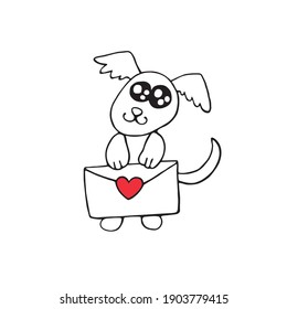 Vector cute contour little dog with love letter. Hand drawn doodle. Simple design element for greeting card, Valentine's day, birthday, coloring book