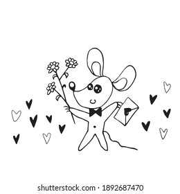Vector cute contour little mouse with love letter and bouquet of flowers. Hand drawn doodle. Simple design element for greeting card, Valentine's day, birthday, coloring book