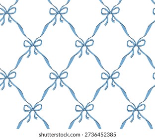 Vector cute coquette bow seamless pattern. Blue ribbon bow trellis isolated on white background for fabric, wallpaper or wrapping paper. Classic elegance print design.