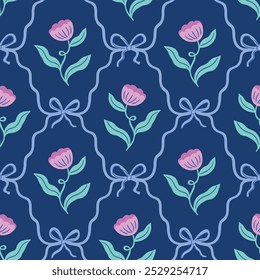 Vector lindo coquette floral sin patrón.  Arco de cinta azul preppy y flores aisladas sobre fondo azul oscuro para tela, Fondo de pantalla o papel de regalo. Diseño clásico de impresión de elegancia de enrejado.