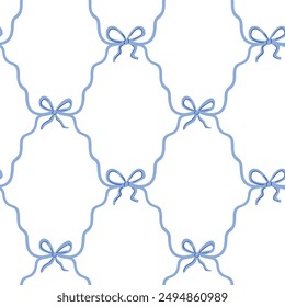 Vector cute coquette seamless pattern.  Blue ribbon bow isolated on white background for fabric , wallpaper or wrapping paper. Classic elegance print design.