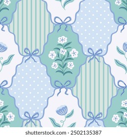 Vector cute coquette seamless pattern.  Blue ribbon bows and set of different classical vintage backgrounds. Floral elegance print design for fabric , wallpaper or wrapping paper.