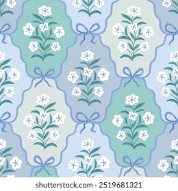 Vector cute coquette seamless pattern.  Blue damask print - bows and classical vintage bouquet. Floral elegance print design for fabric , wallpaper or wrapping paper.