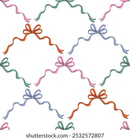 Vector cute coquette trellis seamless pattern.  Colorful ribbon bow isolated on white background for fabric , wallpaper or wrapping paper. Classic elegance print design.