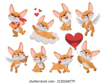 Vector cute corgi dog character in love set. Valentines day puppy animal with heart balloon, dreaming in clouds of love, with love letter, holding cupid arrow and bow. Lovely wedding mascot set.