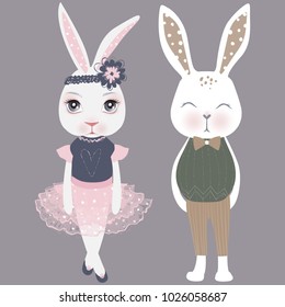 Vector cute couple bunnies. Girl and boy. Happy Easter illustration. Cartoon rabbit. Funny fashion animals. Hand drawn graphics. 