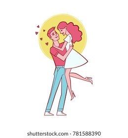 Vector cute couple in love dating at valentine's day. Hand drawn beautiful characters hugging, embrasing expressing care, positive emotions, man holding girl in arms. Isolated illustration