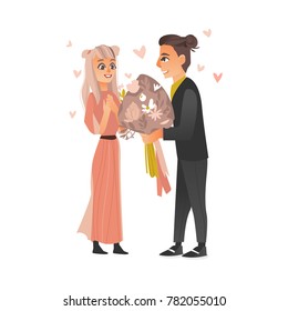 Vector cute couple in love dating at valentines day. Cartoon beautiful characters in evening dress, man giving flowers bouquet to excited girl. Expressing care positive emotions. Isolated illustration