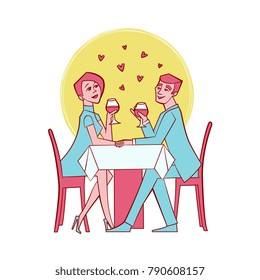 Vector cute couple in love dating at valentines day. Hand drawn beautiful characters embrasing expressing care positive emotions, sitting in restaurant drinking wine. Isolated illustration