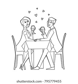 Vector cute couple in love dating at valentines day. Hand drawn monochrome beautiful characters embrasing expressing care positive emotions, sitting in restaurant drinking wine. Isolated illustration