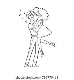 Vector cute couple in love dating at valentine's day. Hand drawn monochrome beautiful characters hugging, embrasing expressing care, positive emotions, man holding girl in arms. Isolated illustration