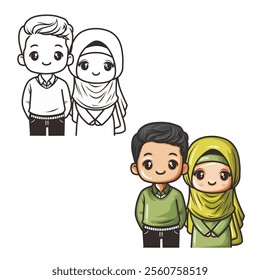 Vector cute couple of muslim cartoon character, line art, black outline hand drawn illustration 