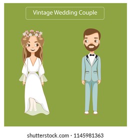 vector of cute couple in vintage wedding dress