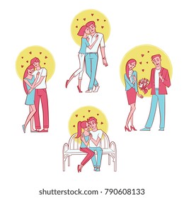 Vector cute couples in love dating at valentine day. Hand drawn beautiful characters embrasing with care, sitting at street on bench, man giving flowers, girl kissing in cheek. Isolated illustration