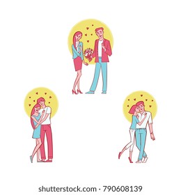 Vector cute couples in love dating at valentine day. Hand drawn beautiful characters embrasing with care, man giving flowers, girl kissing in cheek. Isolated illustration on a white background.