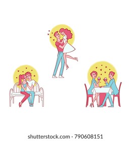 Vector cute couples in love dating at valentine day. Hand drawn beautiful characters embrasing with care, sitting in restaurant, at street on bench, man holding girl in arms. Isolated illustration