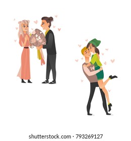 Vector cute couples in love dating at valentine s day. Cartoon beautiful characters hugging, embrasing expressing care, positive emotions, carrying and giving flowers to girls. Isolated illustration