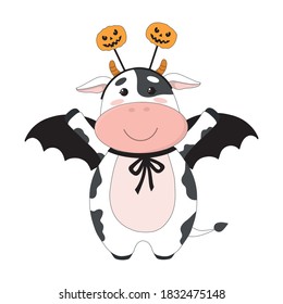 Vector cute cow or bull. Symbol of year 2021. Calf in Halloween costume, with bat wings and pumpkins. Character for children's book or postcard. Isolated on white background