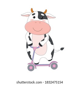 Vector cute cow or bull. Symbol of year 2021. Calf on scooter. Character for children's book or postcard. Isolated on white background
