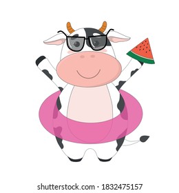 Vector cute cow or bull. Symbol of year 2021. Calf in pink swimming circle. Summer character for children's book or postcard. Isolated on white background