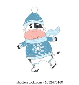 Vector cute cow or bull. Symbol of year 2021. Winter skating calf in blue sweater. Character for children's book or postcard. Isolated on white background