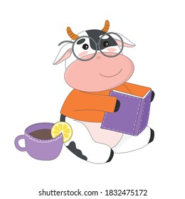 Vector cute cow or bull. Symbol of year 2021. Calf in glasses, reading book. Character for children's book or postcard. Isolated on white background