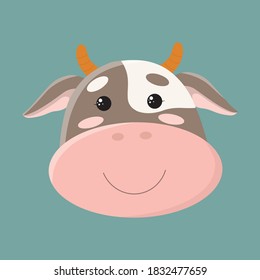 Vector cute cow or bull. Symbol of year 2021. Character for children's book or postcard. Isolated on background