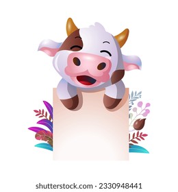 vector of cute cow cartoon with blank sign