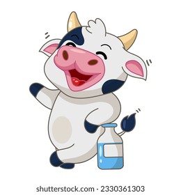 vector of cute cow cartoon standing with milk bottle