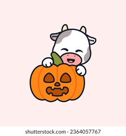 Vector Cute Cow With Jack o Lantern