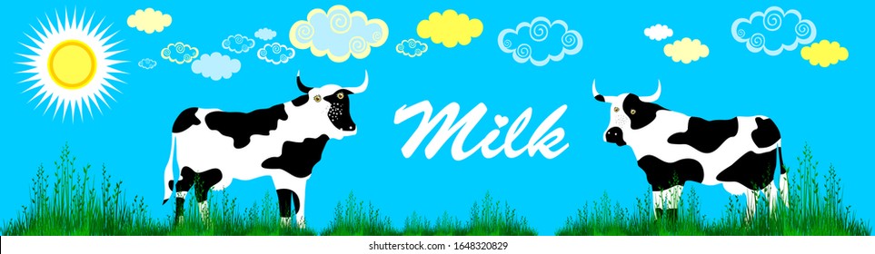 Vector cute cow in kawaii style.  Landscape with cows. Horizontal banner.  Vector Illustration 